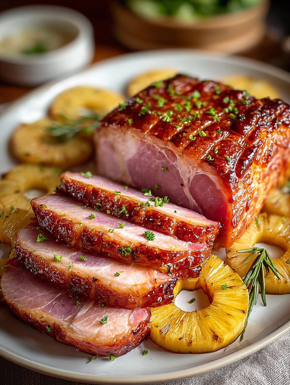 Delicious Sheet Pan Baked Ham served with fresh pineapple and glaze