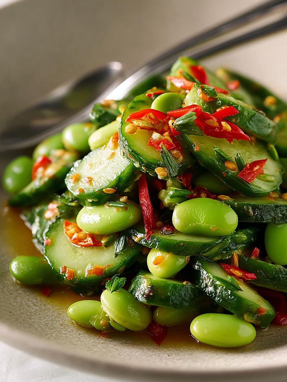 Delicious Spicy Cucumber Edamame Salad served in a bowl