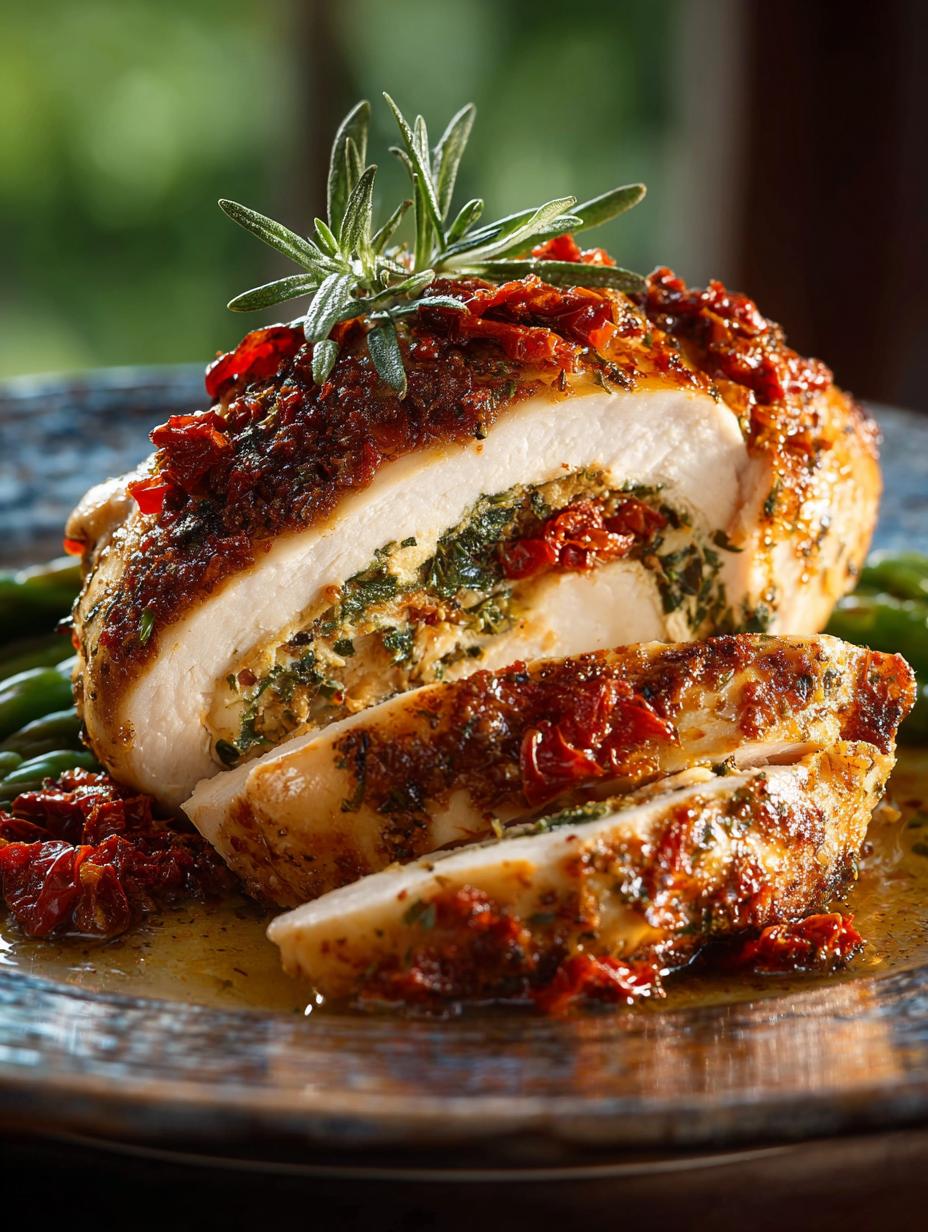 Delicious Sun Dried Tomato Stuffed Chicken served with roasted vegetables