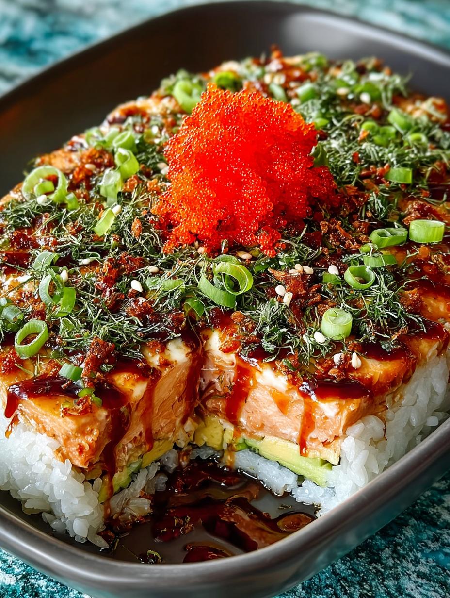 Teriyaki Salmon Sushi Bake: 6 Easy Steps to Delight 4 Delicious Teriyaki Salmon Sushi Bake prepared in a baking dish