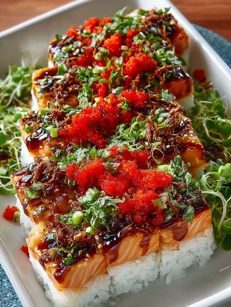 Serving of Teriyaki Salmon Sushi Bake garnished with green onions and sesame seeds