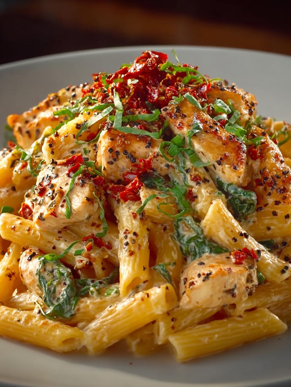 Irresistible Tuscan Chicken Pasta served with fresh spinach and sun-dried tomatoes