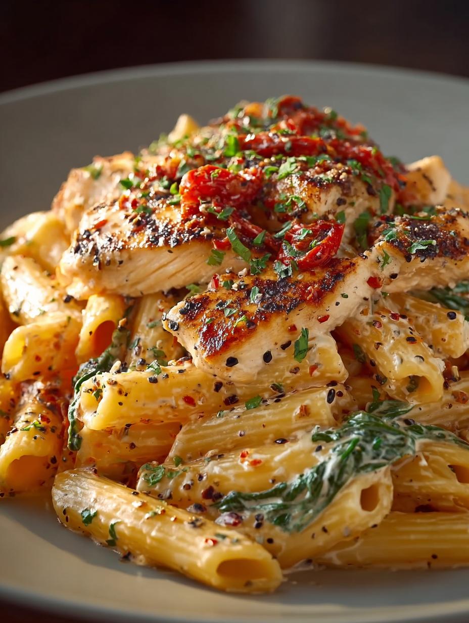 Delicious Tuscan Chicken Pasta with creamy sauce and sun-dried tomatoes