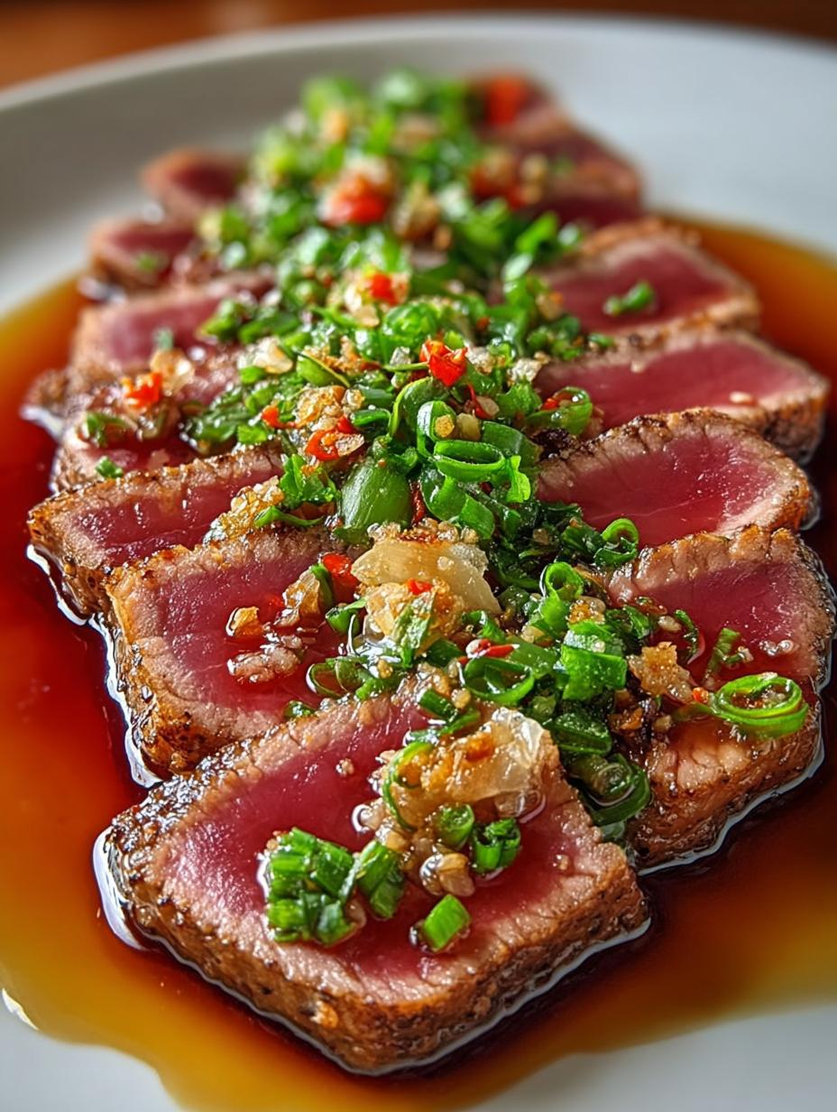Melt-in-Your-Mouth Beef Tataki with Garlic Chips - Beef Tataki with Garlic - main visual representation
