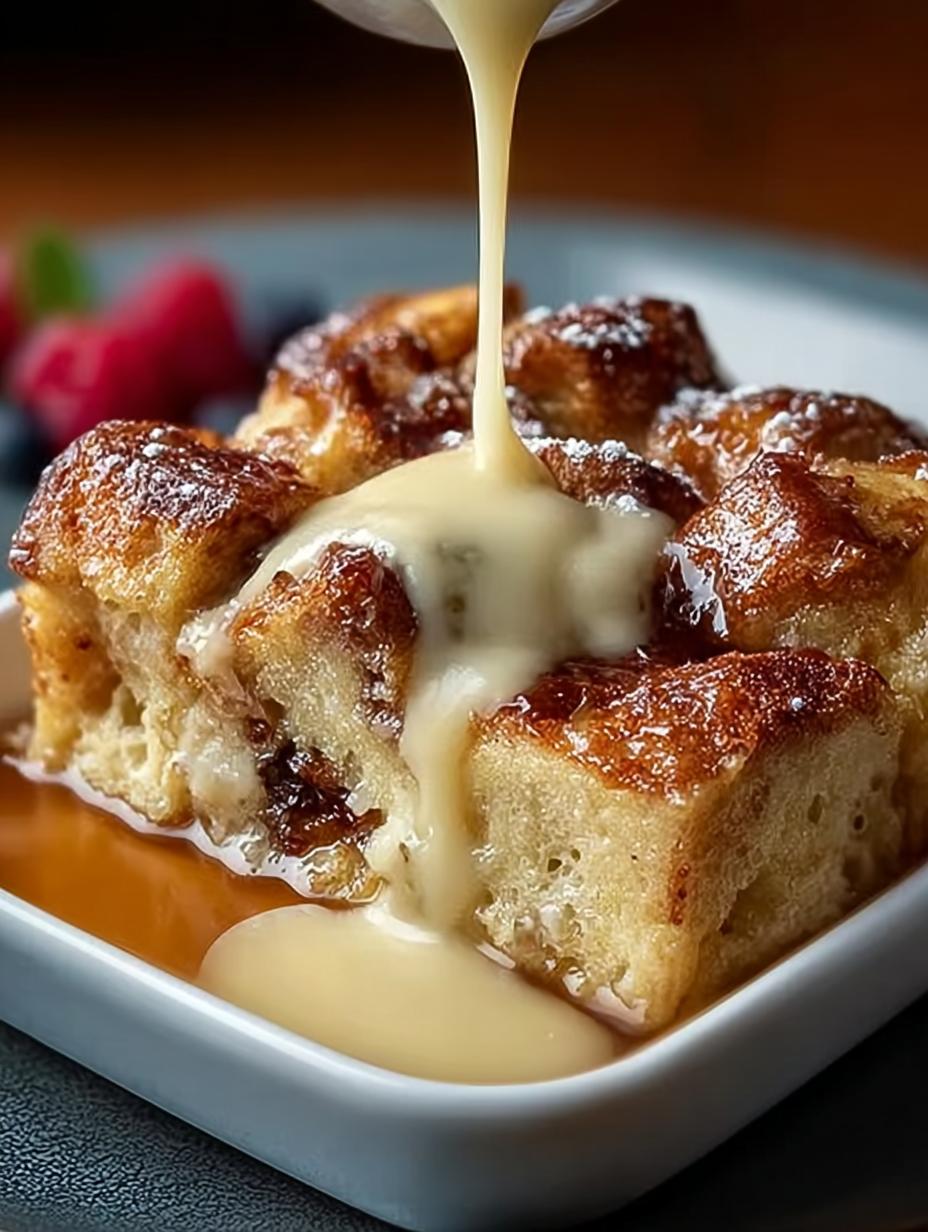 Irresistible Bread Pudding with Vanilla fresh from the oven served in a dish