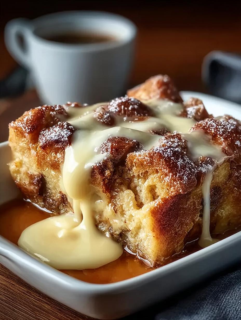 Delicious Bread Pudding with Vanilla served with a drizzle of vanilla sauce
