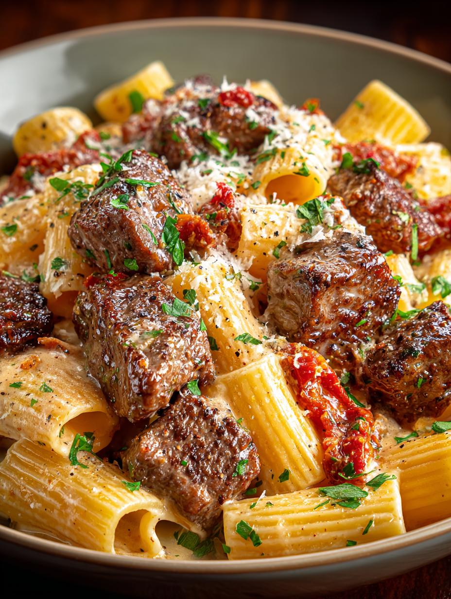 Delicious Cajun Steak Tips Cheesy served with rigatoni and garnished