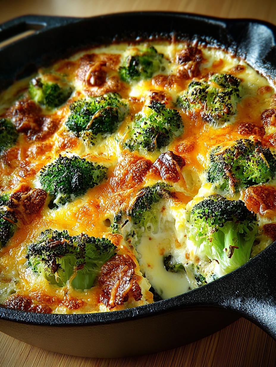 Irresistible Cheesy Broccoli Skillet fresh from the stove in a skillet