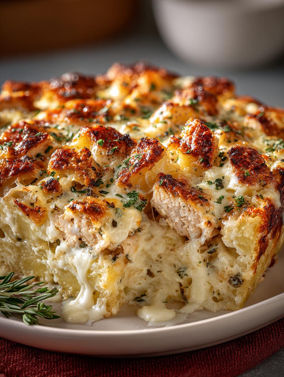 Delicious Chicken Alfredo Potato Bake with creamy sauce and melted cheese