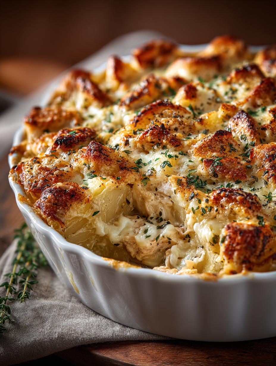Creamy Chicken Alfredo Potato Bake topped with melted cheese
