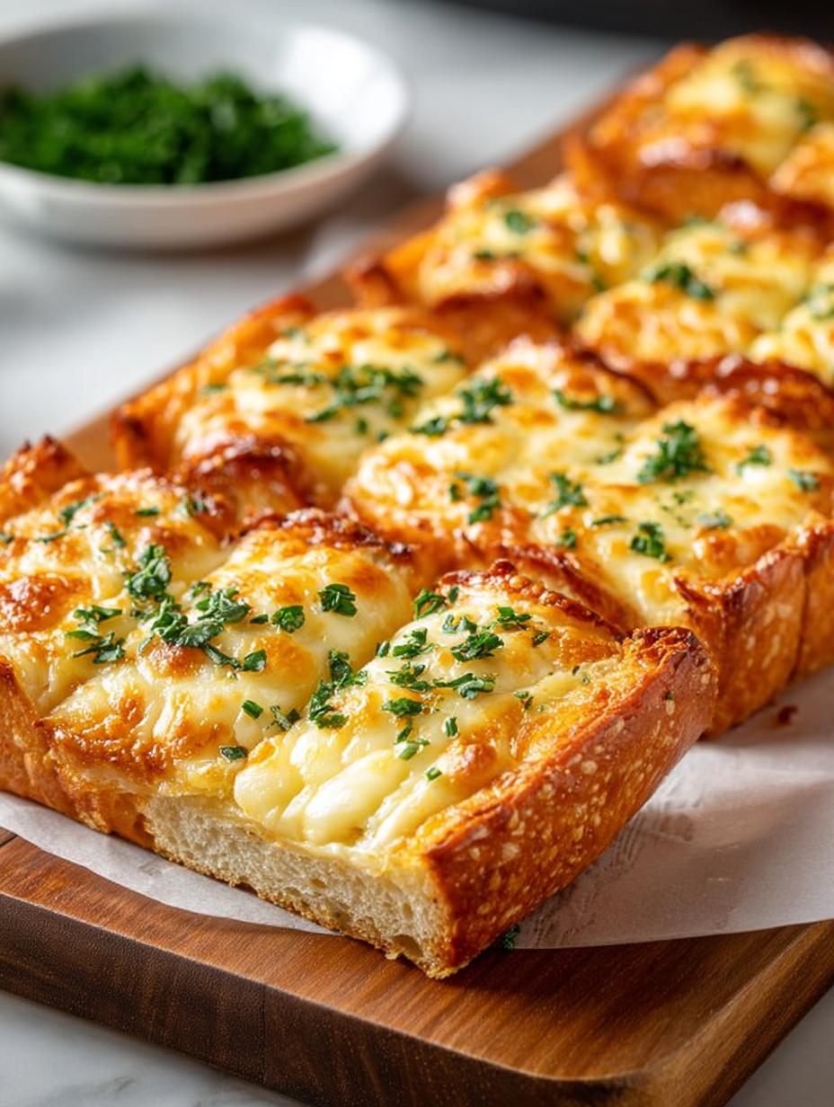 Mouthwatering Garlic Bread with Cheese topped with fresh parsley