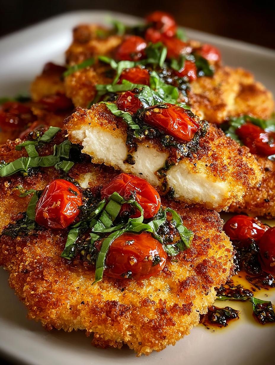 Deliciously crispy Parmesan Basil Chicken Cutlets plated with fresh basil garnish