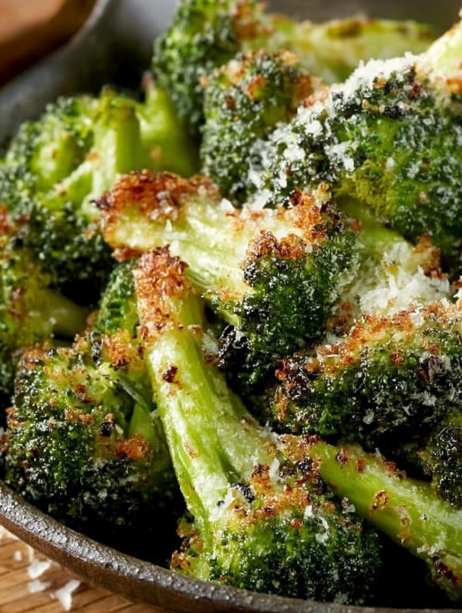 Irresistible Parmesan Roasted Broccoli fresh from the oven on a serving plate