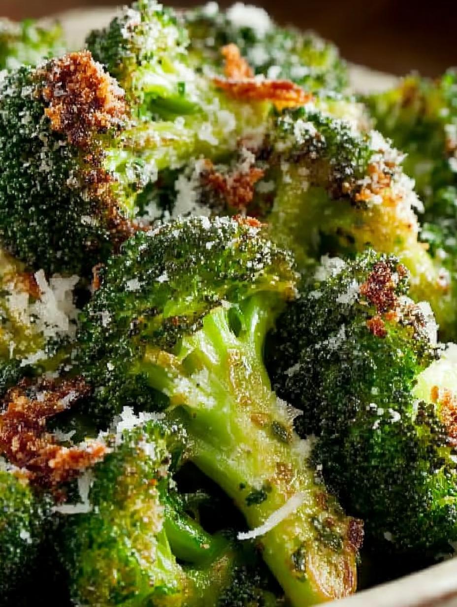 Delicious Parmesan Roasted Broccoli served on a plate with a side of grilled chicken