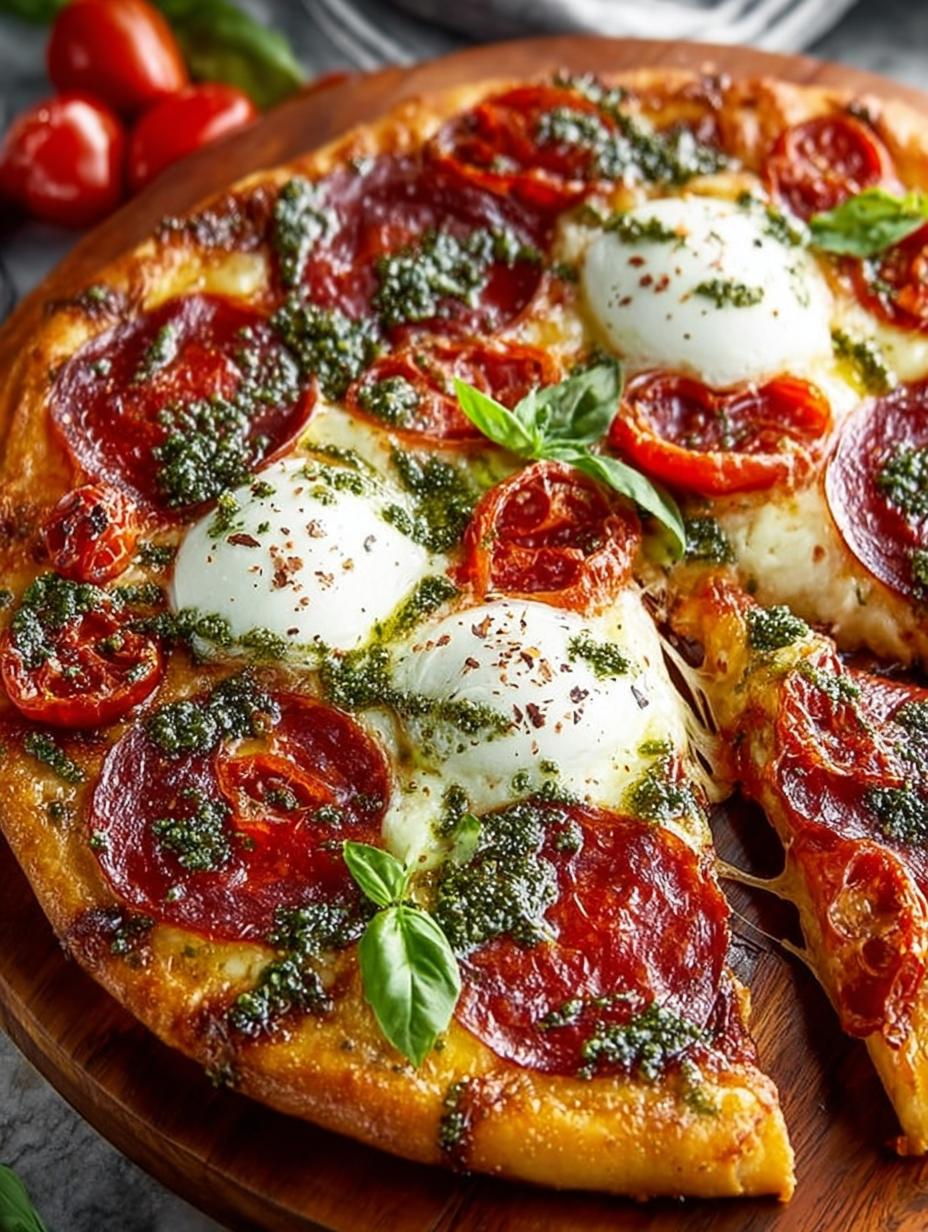 Irresistible Pepperoni Burrata Pizza with Pesto fresh from the oven