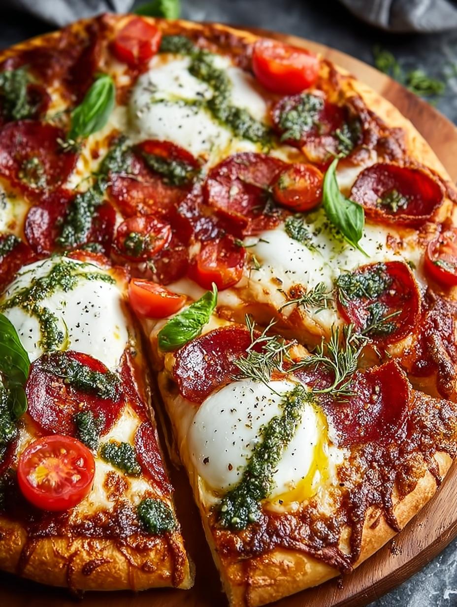 Delicious Pepperoni Burrata Pizza with Pesto ready to serve