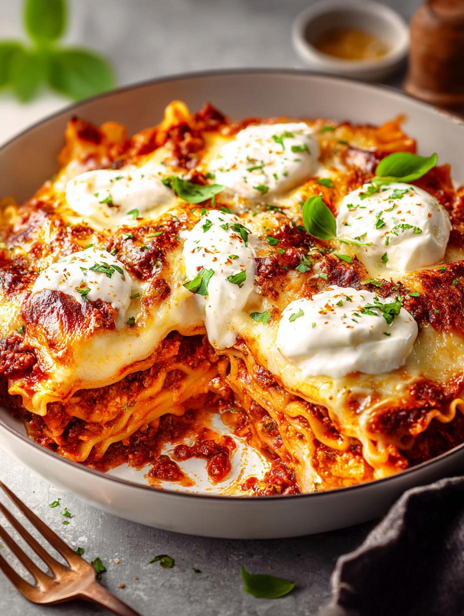 Delicious Skillet Lasagna served with fresh basil and cheese