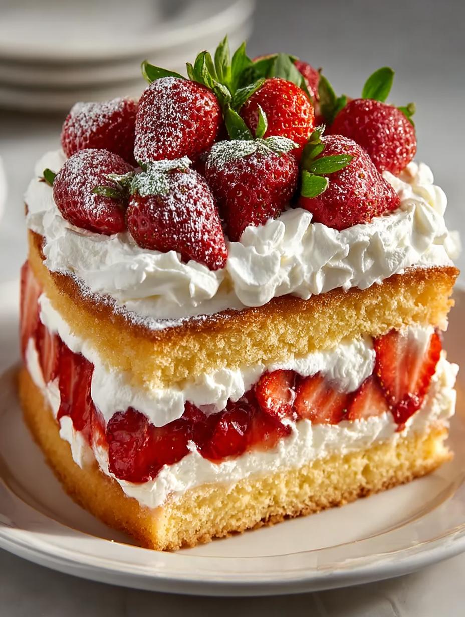 Irresistible Strawberry Shortcake Layer Cake with fresh strawberries and whipped cream