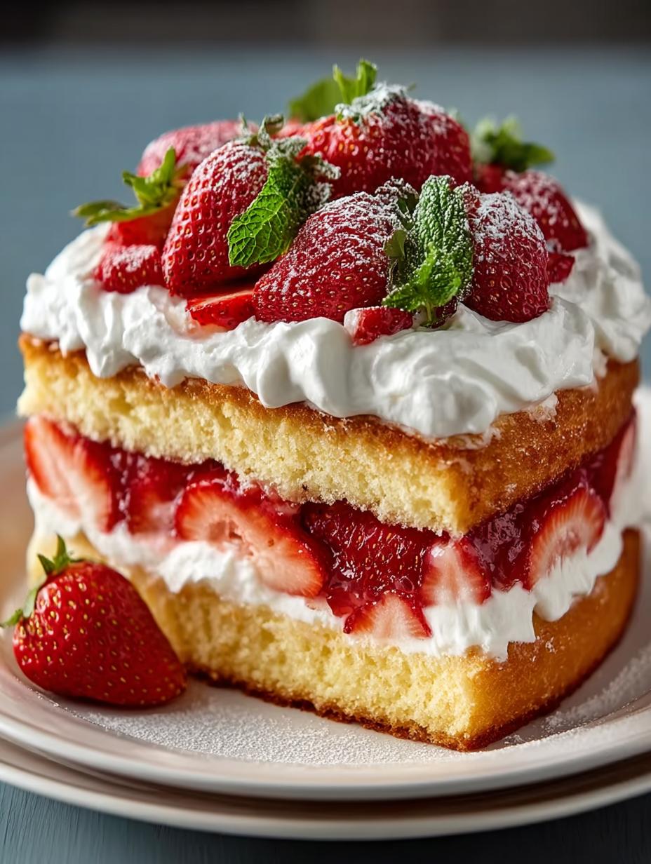 Delicious layers of Strawberry Shortcake Layer Cake with whipped cream and strawberries
