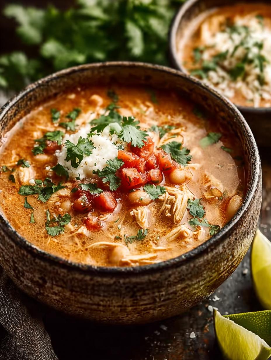 Creamy White Chicken Chili Ready with fresh cilantro and tortilla chips