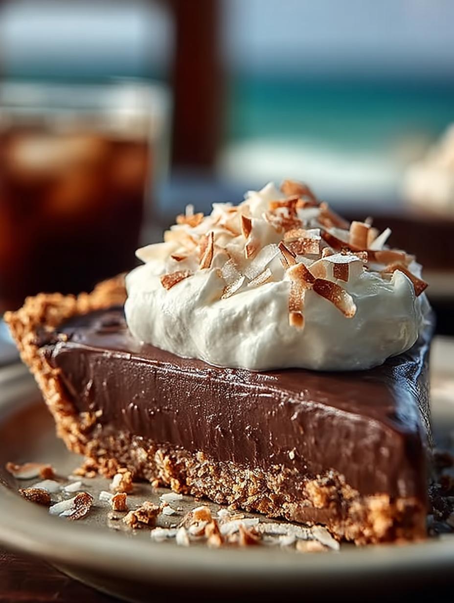 Slice of Bake German Chocolate Pie with coconut and pecans on a plate