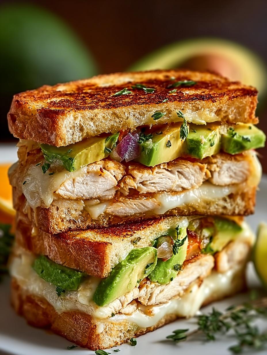 Delicious Chicken Avocado Melt Sandwich served with sides