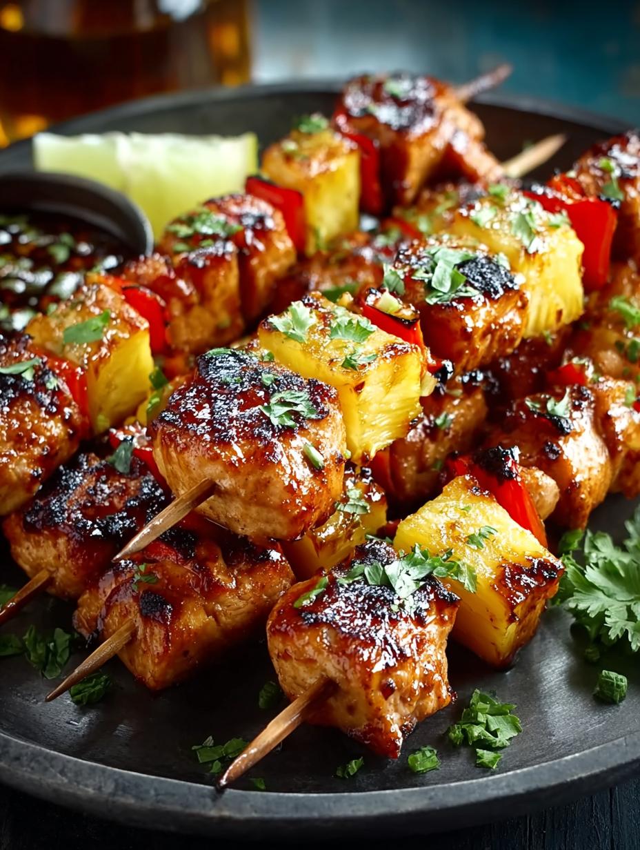 Delicious Chicken Pineapple BBQ Skewers ready to serve