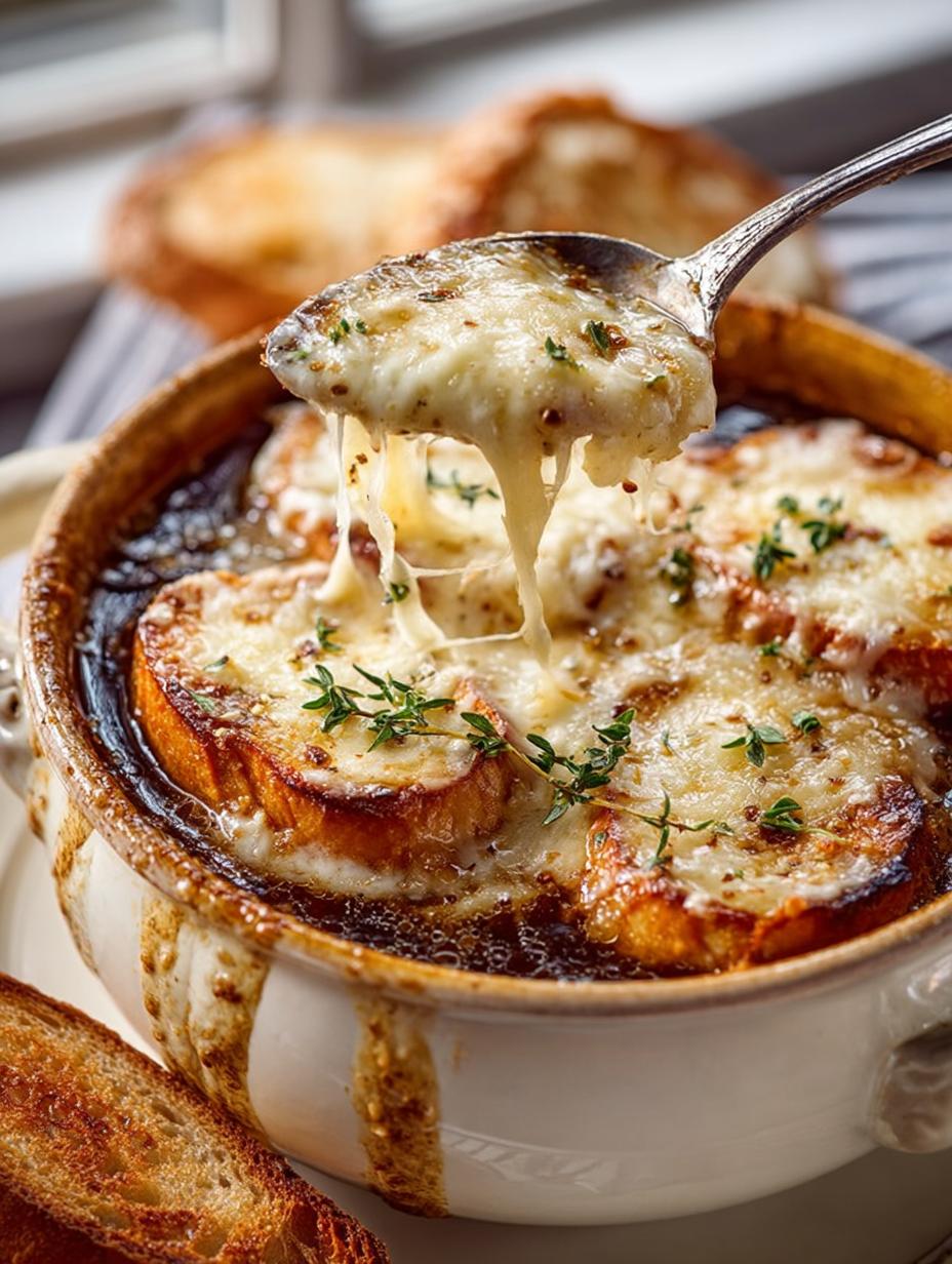 Delicious French Onion Soup with Gruyere Cheese Recipe - French Onion Soup with - additional detail