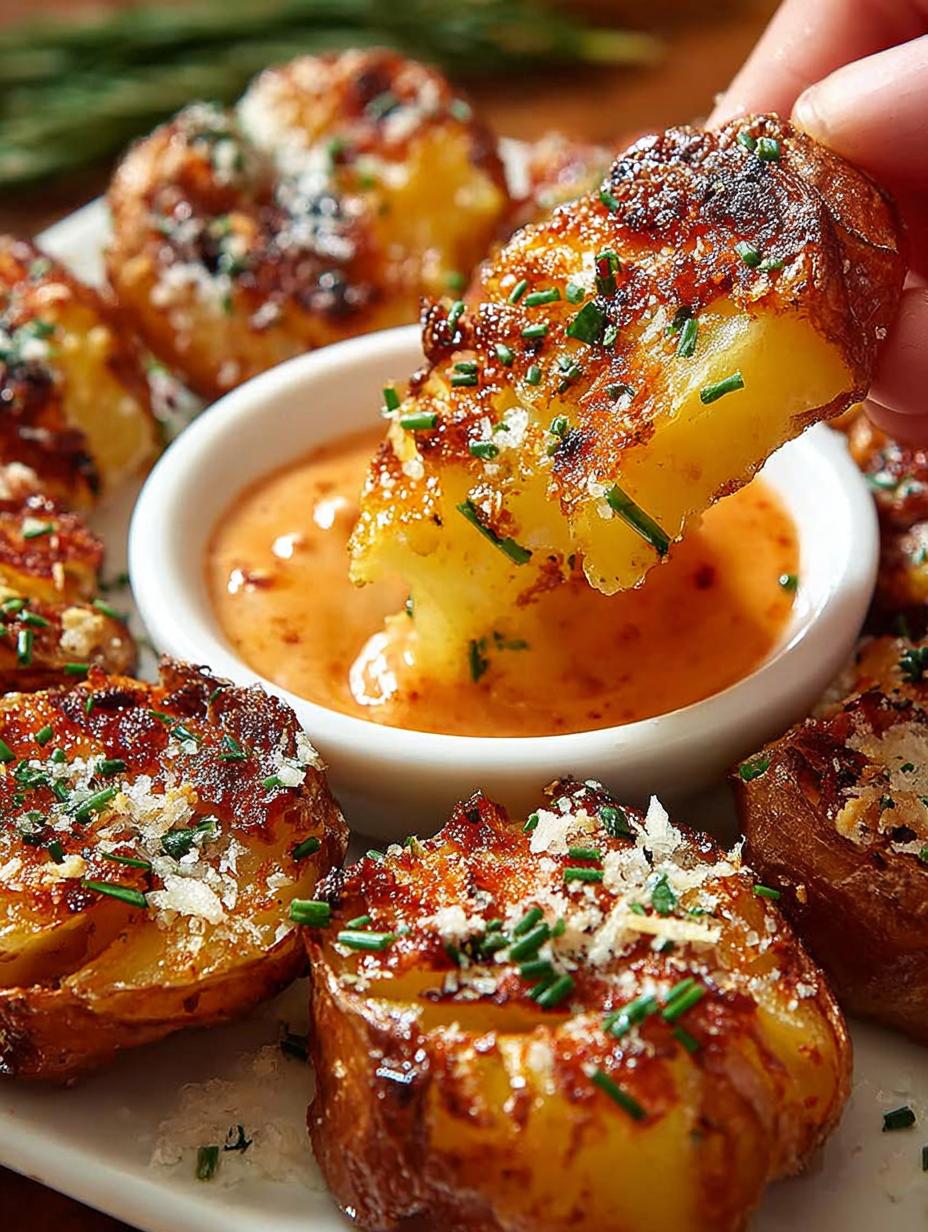 Garlic Parmesan Smashed Potatoes with Creamy Gochujang Sauce 4 Garlic Parmesan Smashed Potatoes with Creamy Gochujang Sauce - Garlic Parmesan Smashed Potatoes - main visual representation