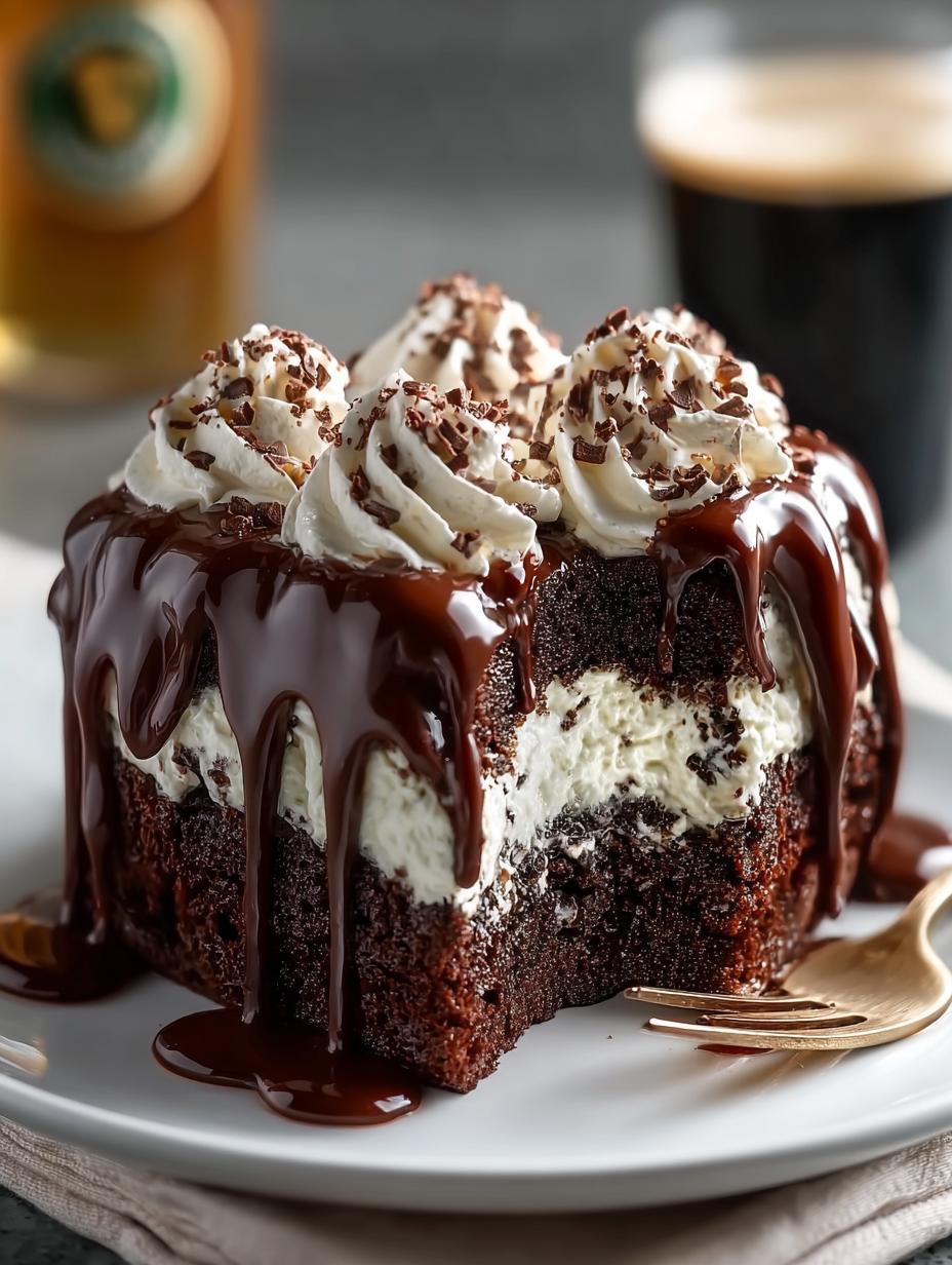 Deliciously smooth chocolate glaze on Guinness Chocolate Poke Cake