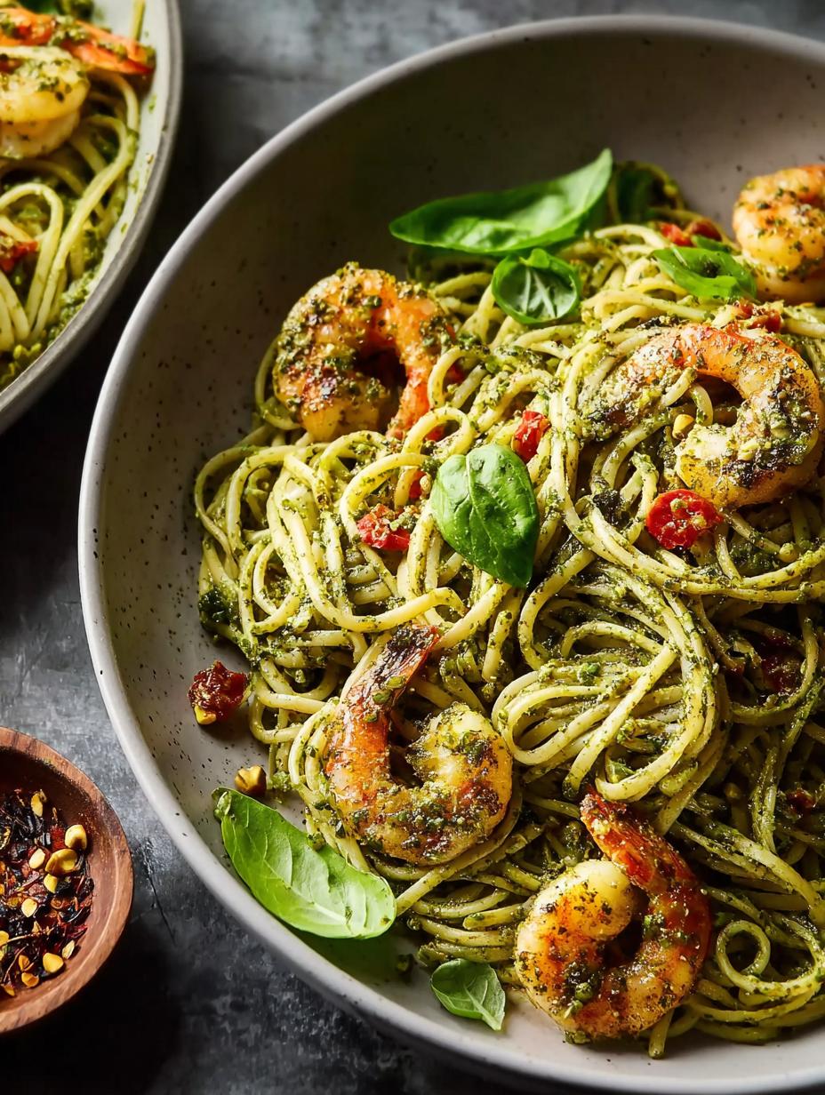 Delicious Pistachio Pesto Shrimp Pasta for Dinner - Pistachio Pesto Shrimp Pasta - main visual representation