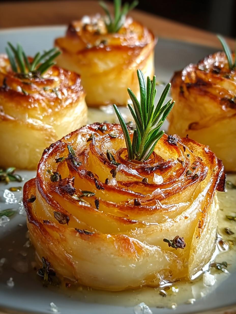 Deliciously crispy Potato Roses Indulgently Crispy served with a garnish of rosemary