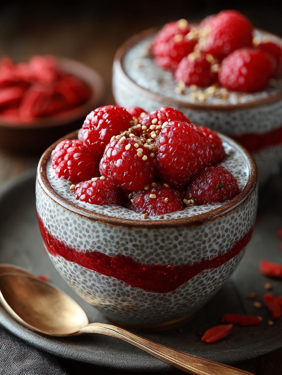 Irresistible raspberry chia seed pudding topped with fresh raspberries and coconut flakes