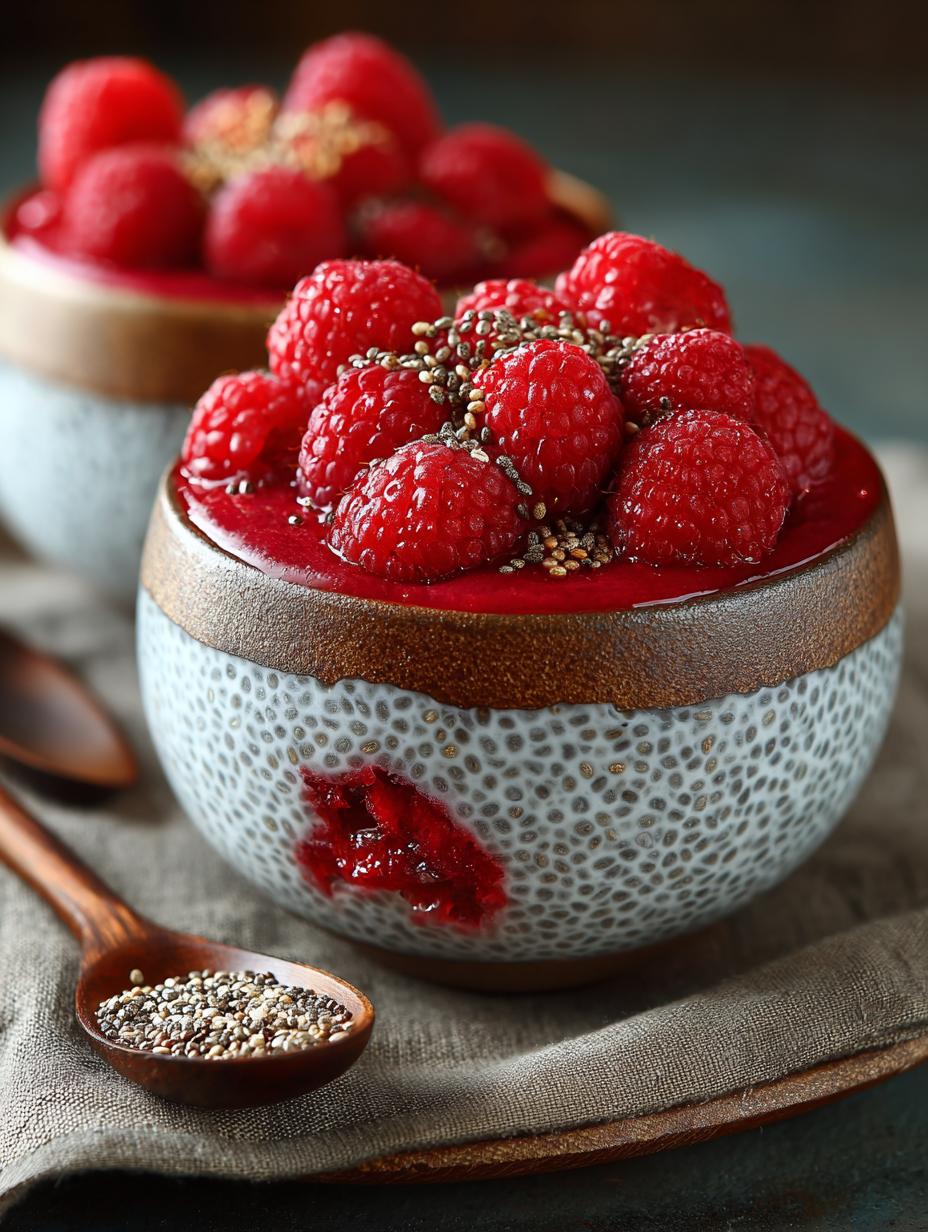 Delicious raspberry chia seed pudding served in a jar with fresh raspberries on top