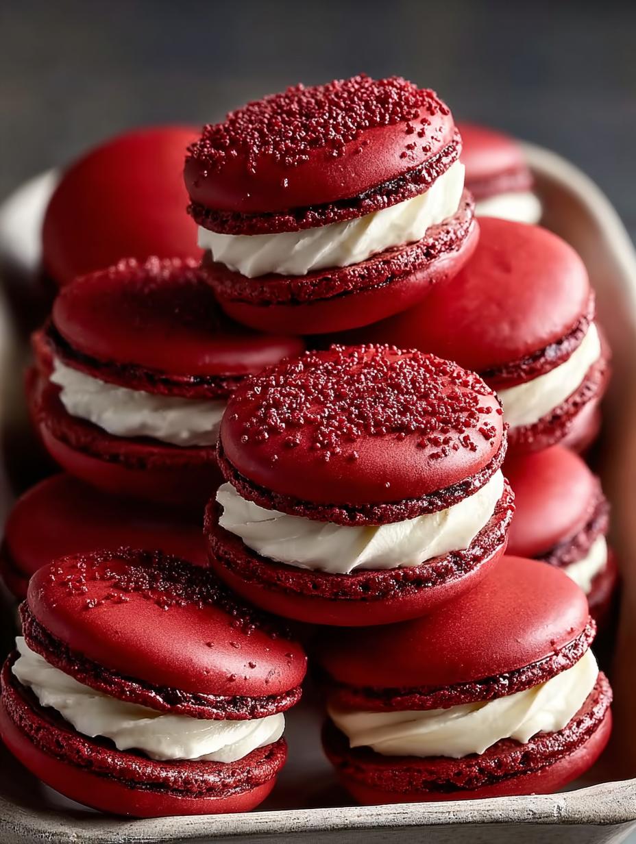 Delicious Red Velvet Macarons displayed elegantly on a dessert table