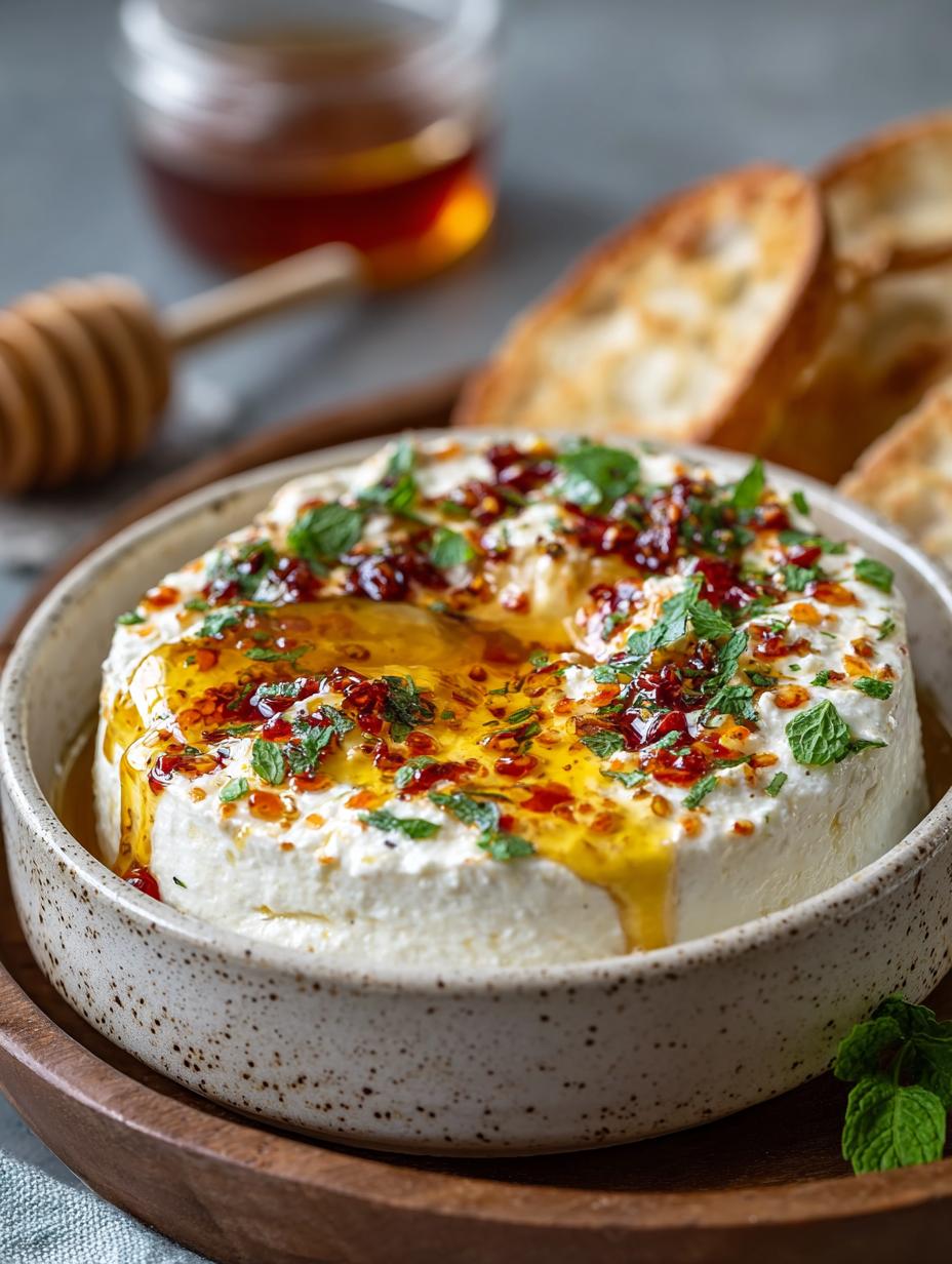 Irresistible Ricotta Dip with Hot Honey served with fresh vegetables and crackers