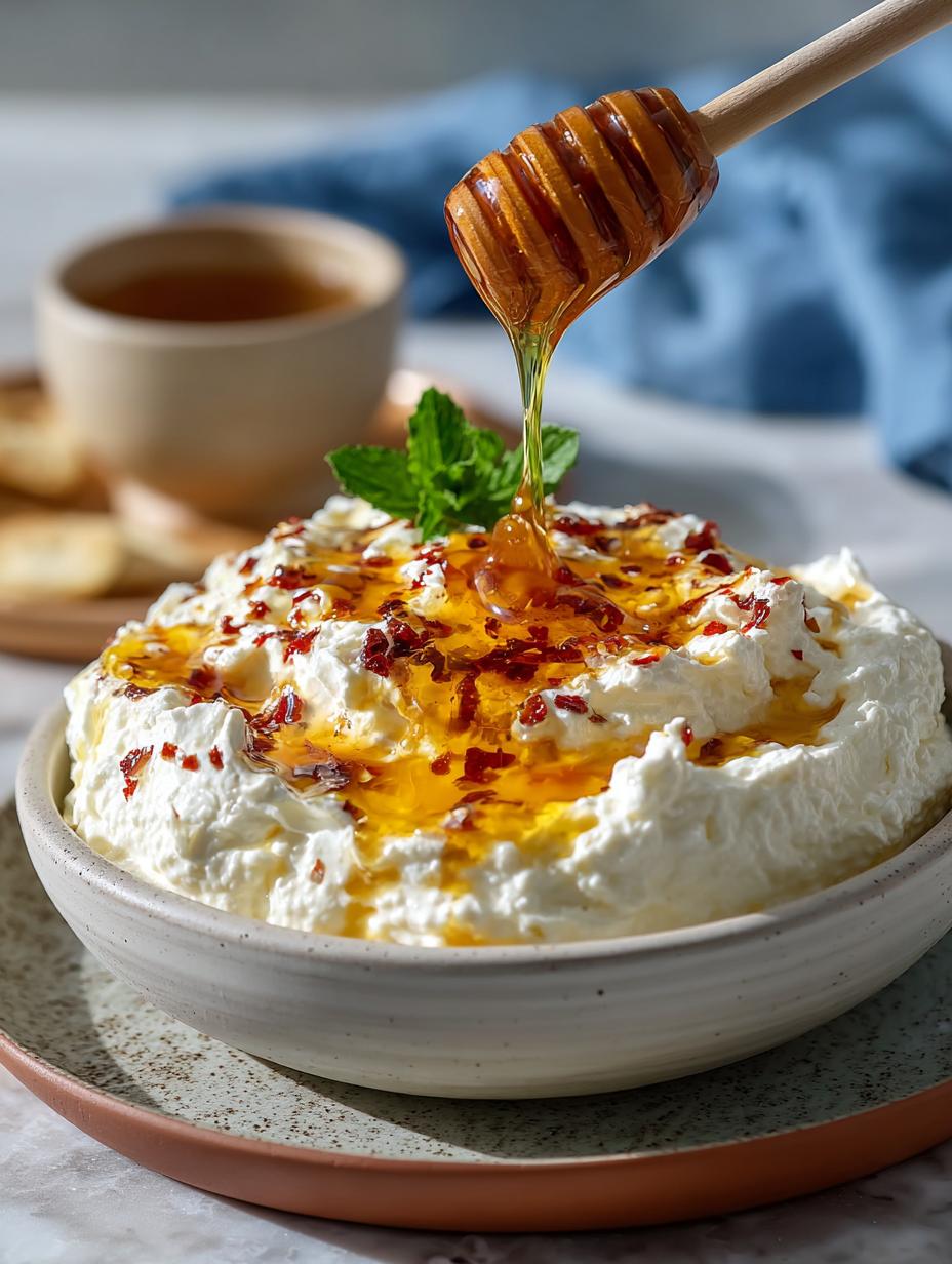 Delicious Ricotta Dip with Hot Honey served with toasted baguette slices