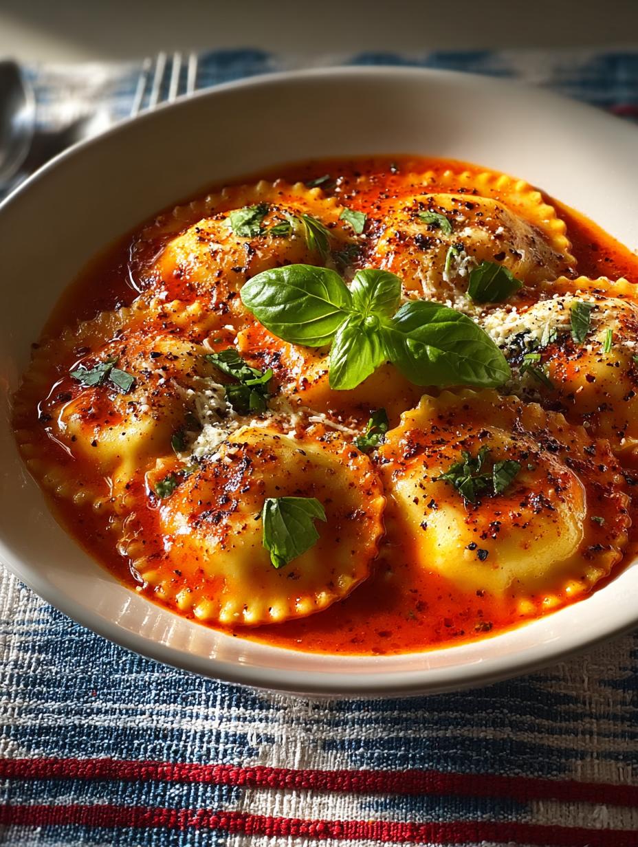 Roasted Red Pepper Ravioli: A Comforting Soup Recipe 4 Irresistible roasted red pepper ravioli soup served in a bowl with fresh basil
