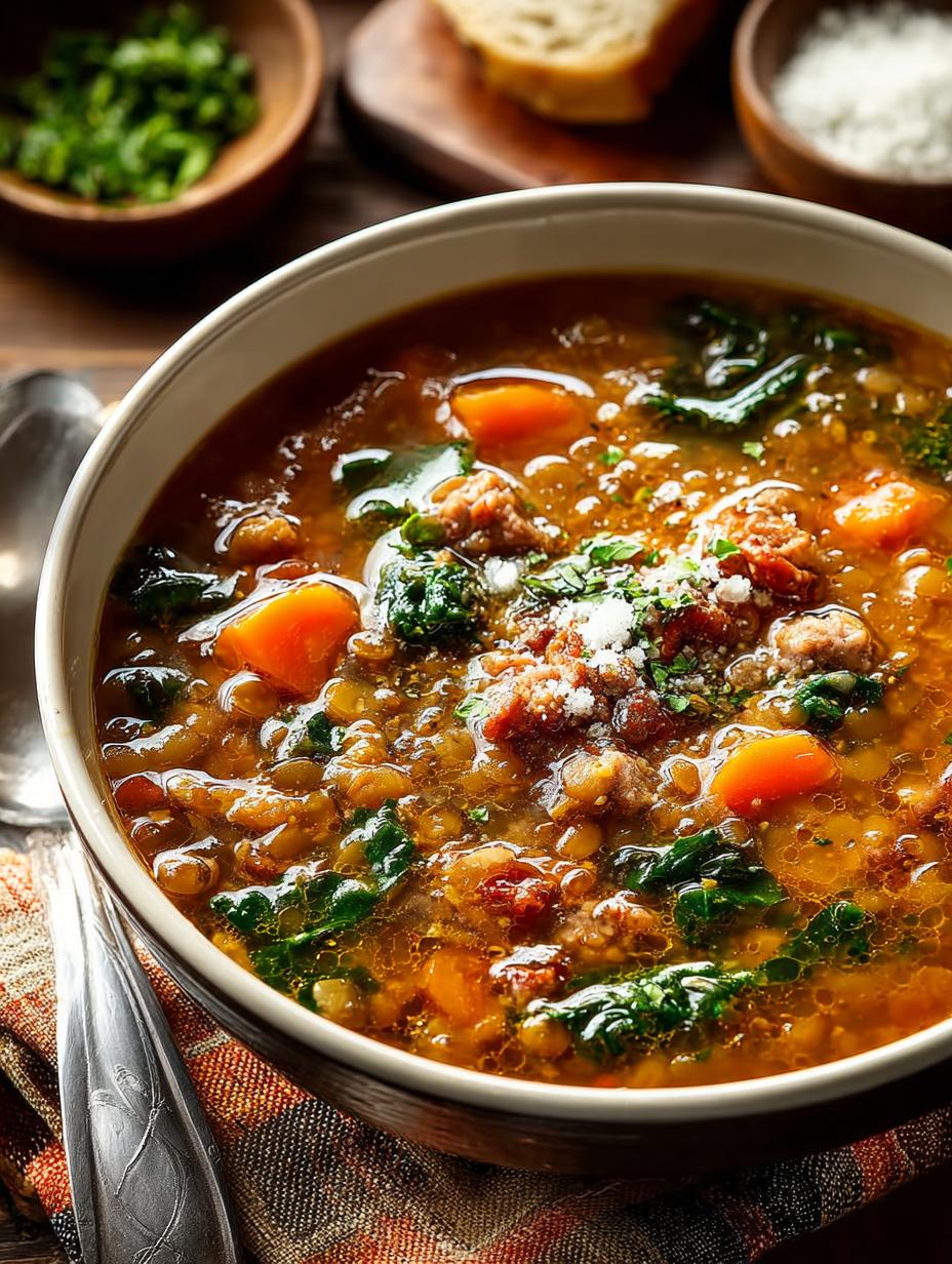 Hearty Sausage Lentil Soup with Kale in 50 Minutes - Sausage Lentil Soup with - main visual representation