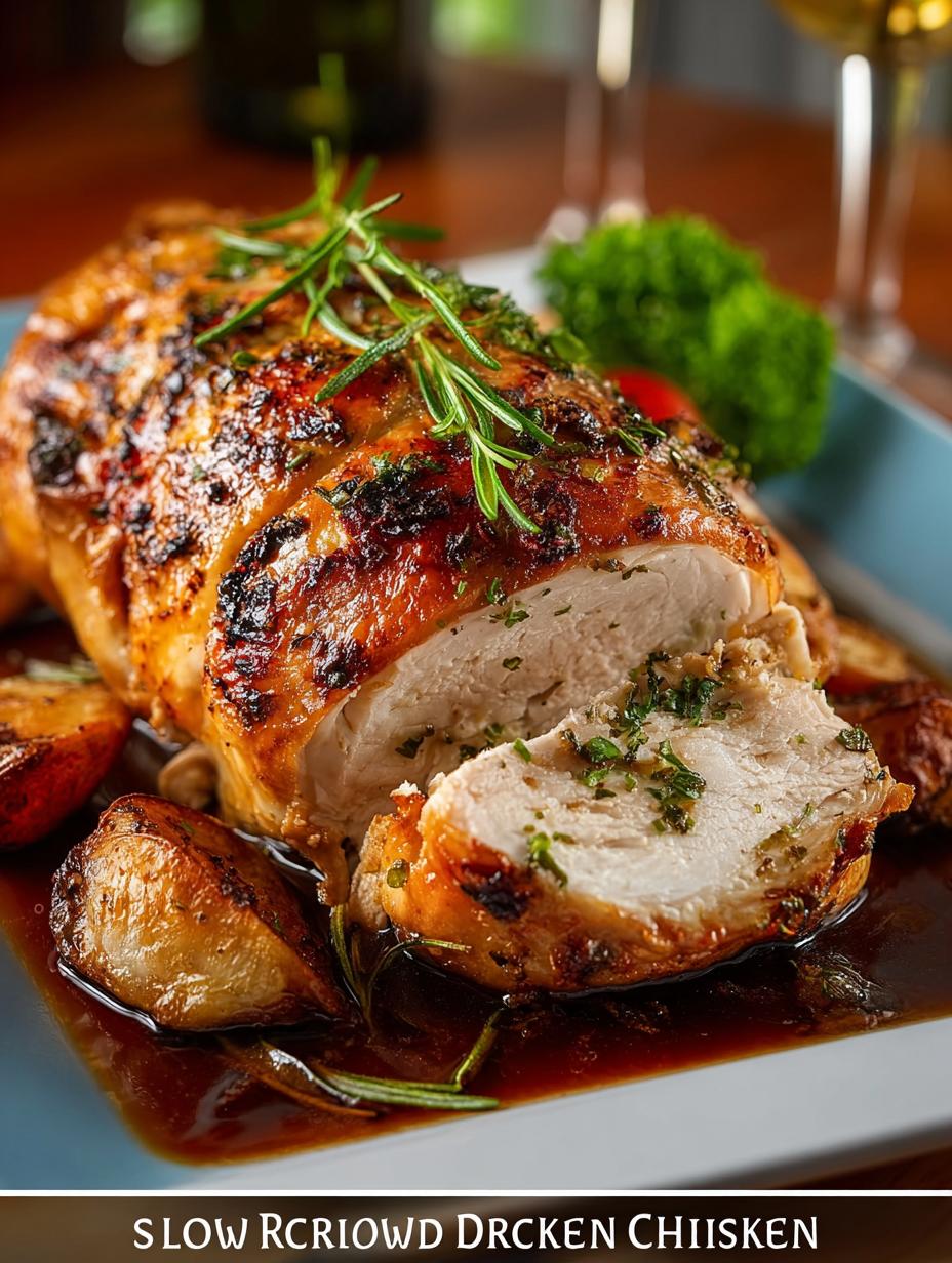 Slow Drunk Roasted Chicken served with sides on a dining table
