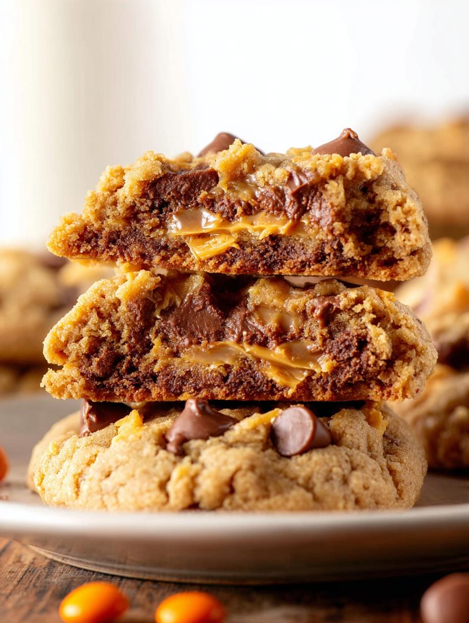 Delicious Reeses Stuffed Peanut Butter Cookies with chocolate drizzle and Reese's Pieces