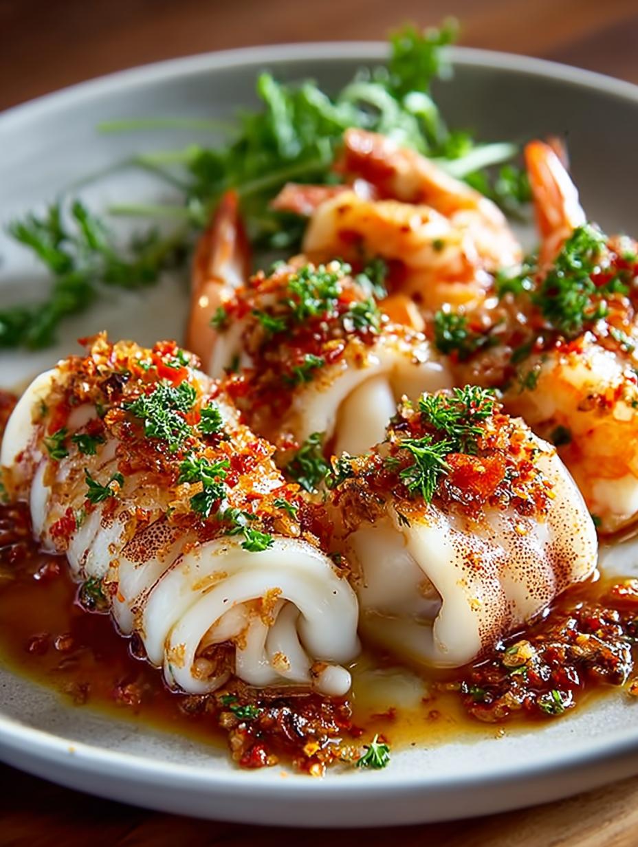 Savory Shrimp Stuffed Squid in Tomato Sauce 4 Savory Shrimp Stuffed Squid in Tomato Sauce - Shrimp Stuffed Squid - main visual representation