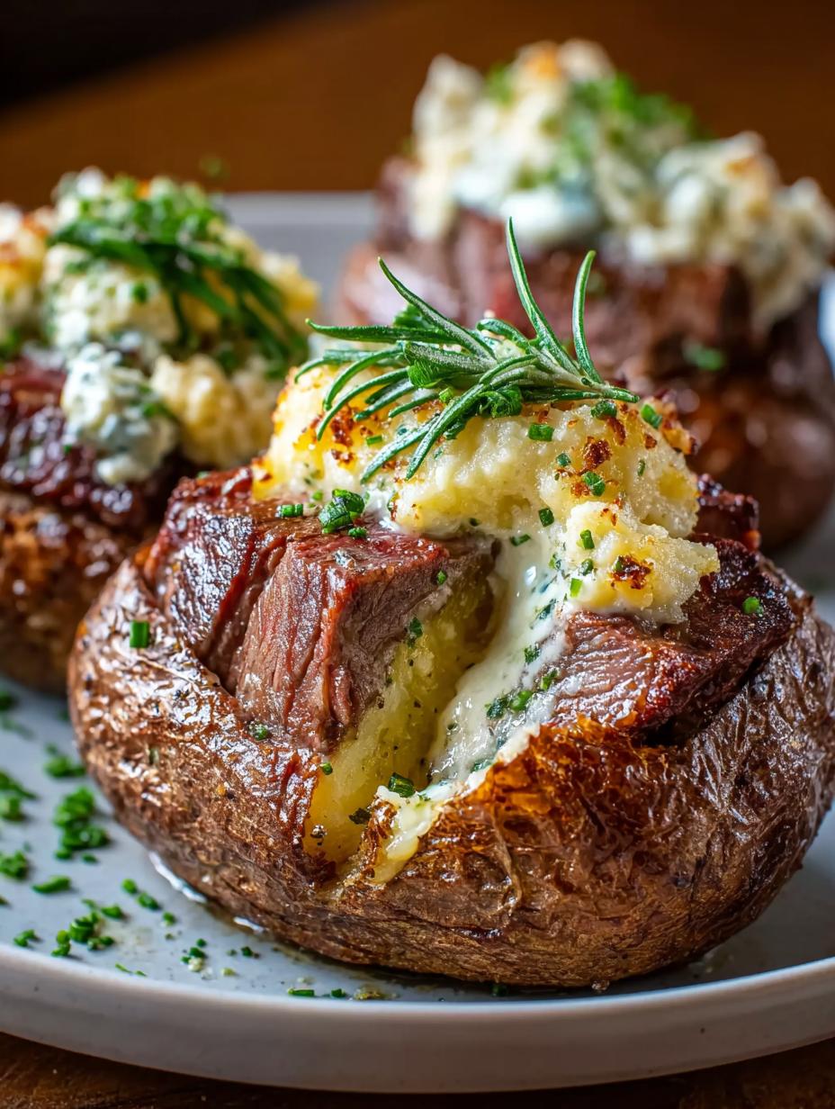 Steak Stuffed Baked Potatoes with Creamy Parmesan Sauce - Steak Stuffed Baked Potatoes - main visual representation