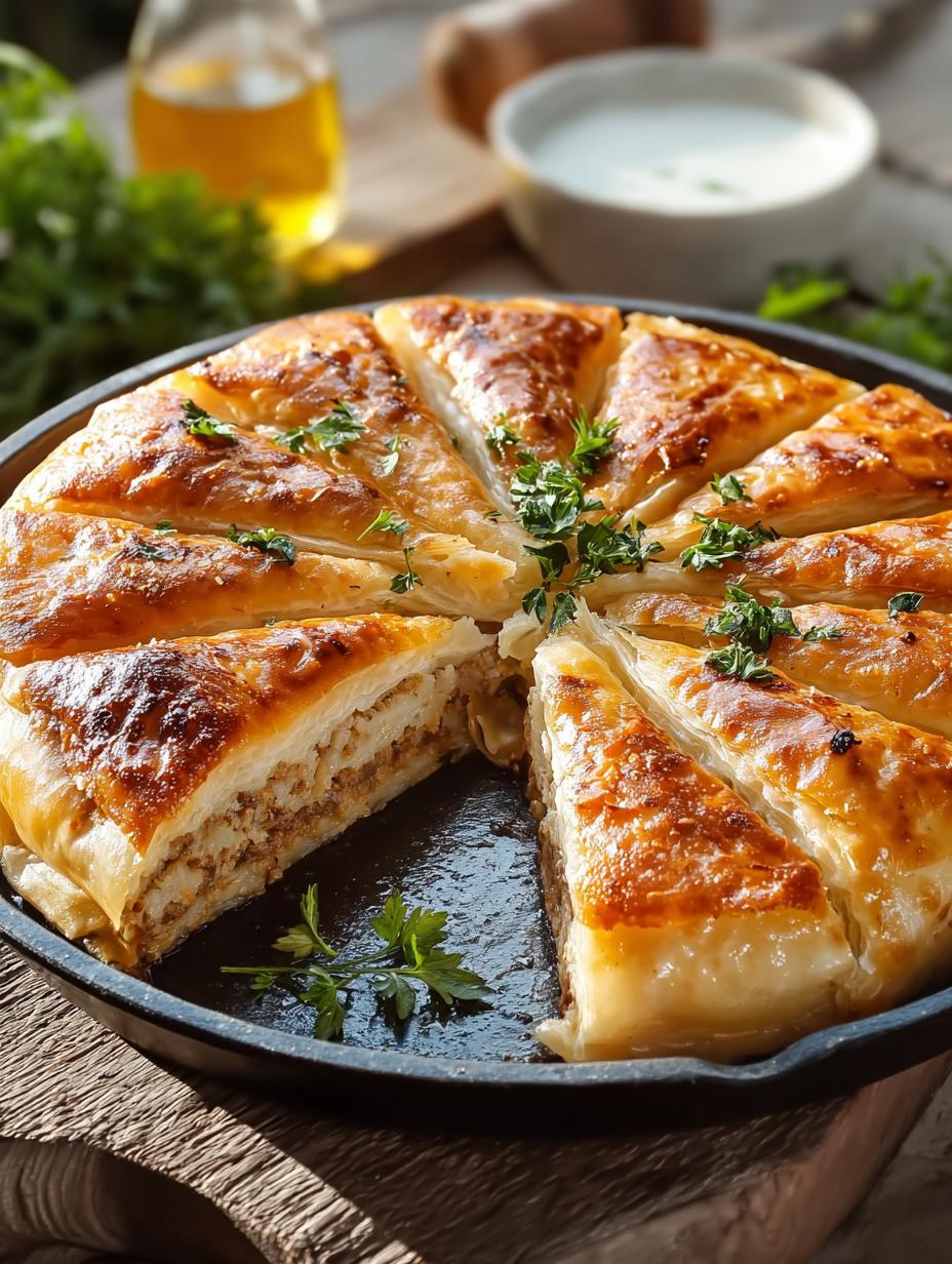 Delicious Bosnian Burek Savoury Filled ready to serve with yogurt sauce