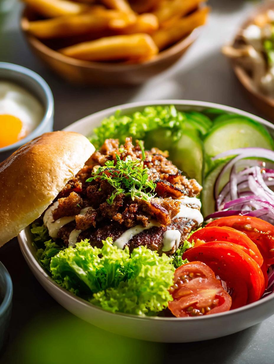 Delicious Burger Bowl with various toppings and fresh ingredients