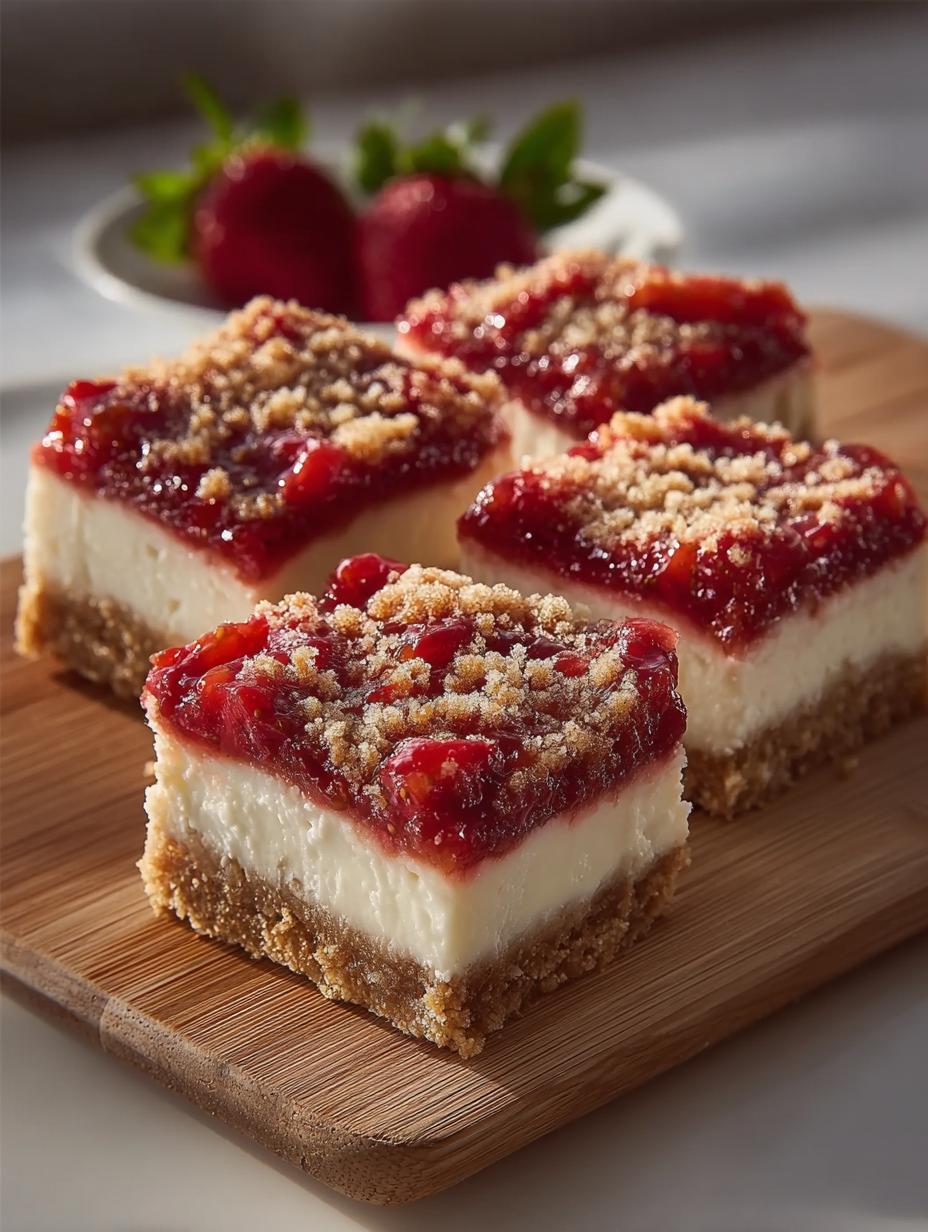 Delicious Strawberry Cheesecake Bars topped with fresh strawberries and whipped cream