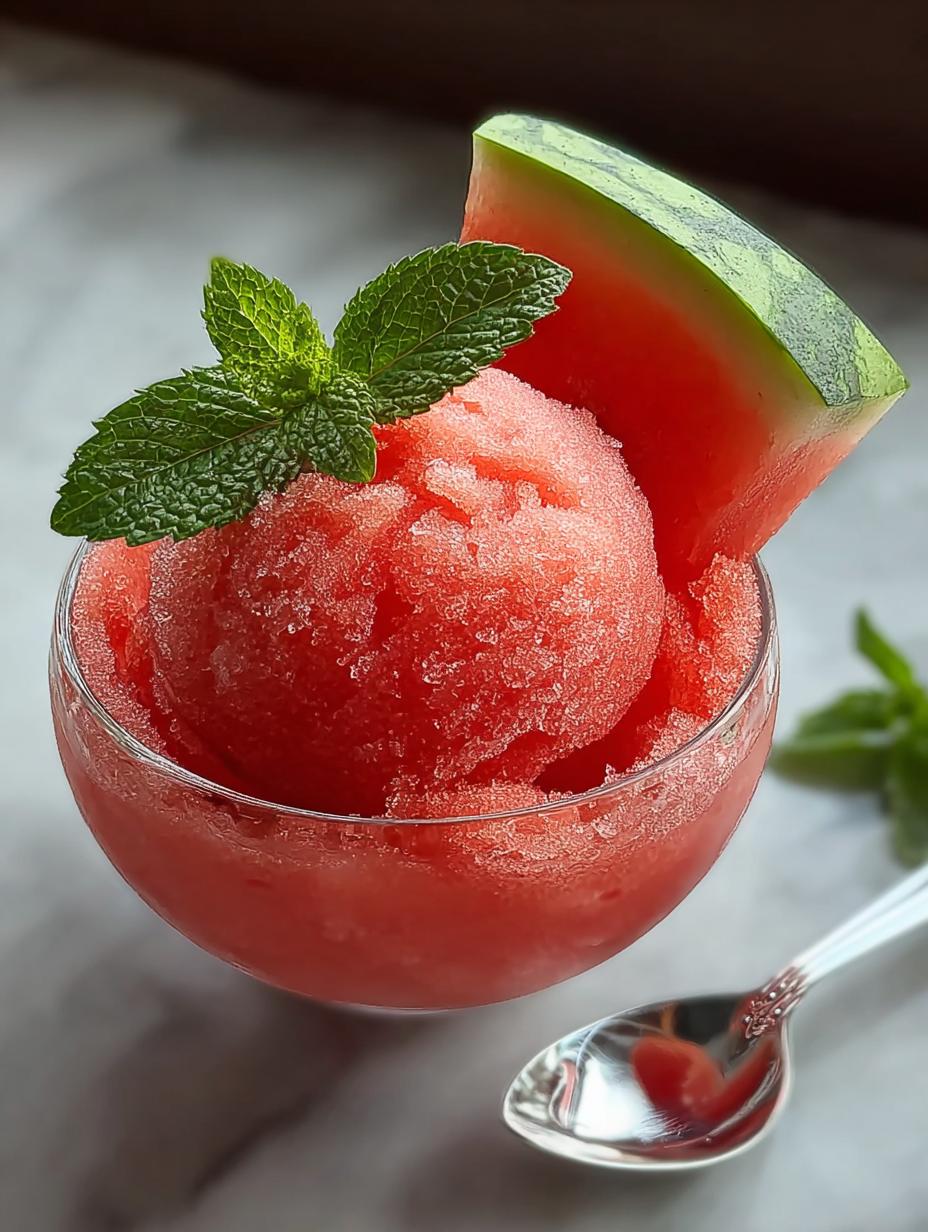 Delicious Watermelon Sorbet served with fresh mint leaves