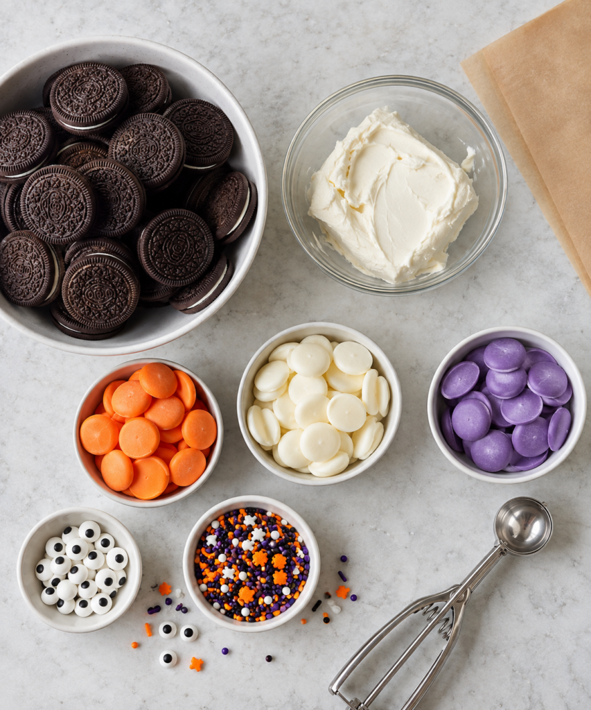 Chocolate sandwich cookies, cream cheese, orange, white and purple candy wafers, sprinkles, and candy eyes