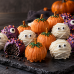 Halloween Oreo balls decorated as orange pumpkins, white mummies, and purple one-eyed monsters