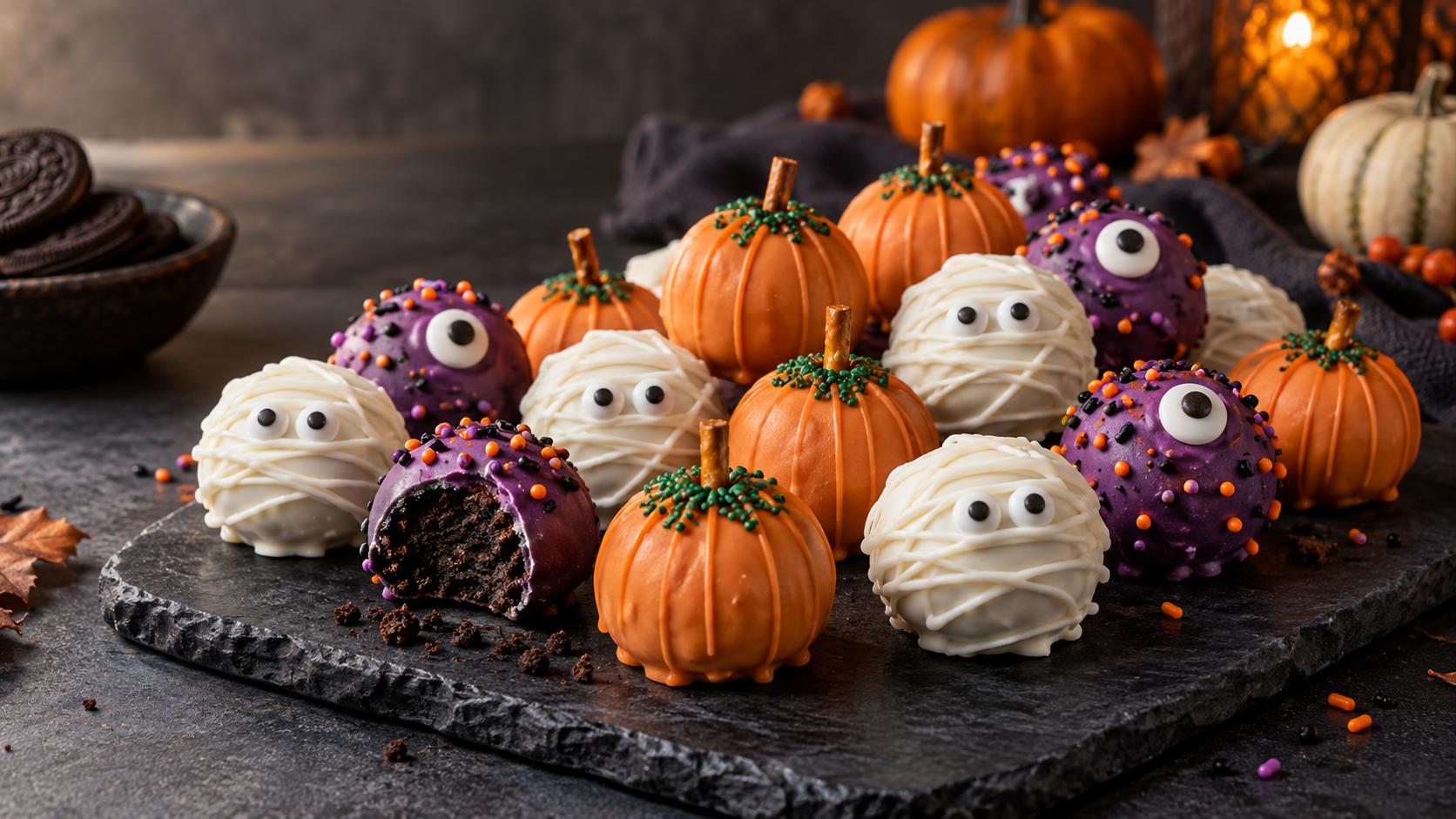 Halloween Oreo balls decorated as orange pumpkins, white mummies, and purple one-eyed monsters
